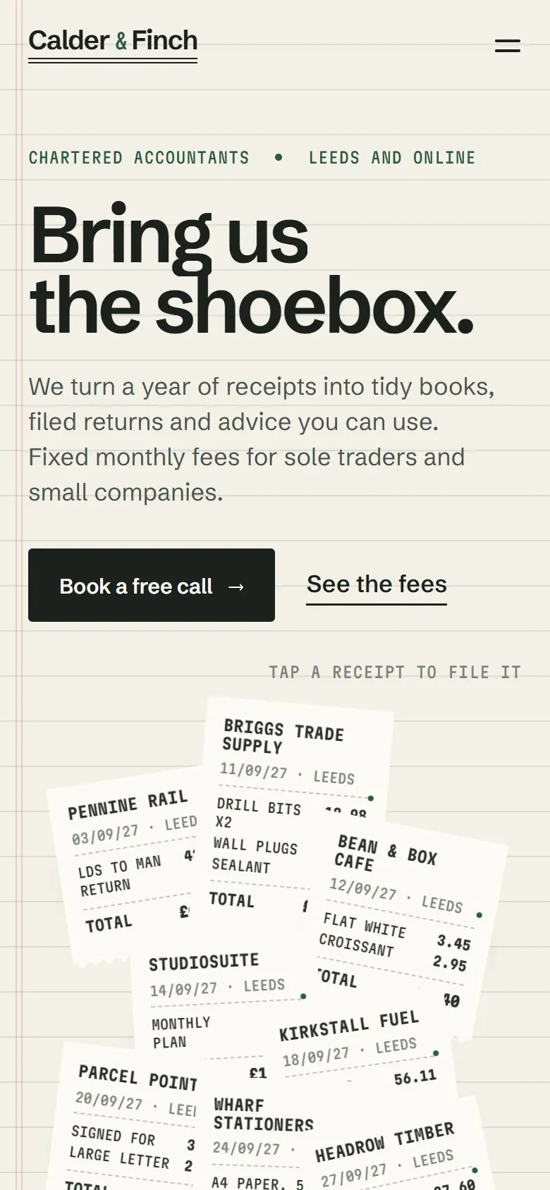 The same firm designed by Burax: ledger paper, a pile of receipts to file, and a bold headline, Bring us the shoebox.