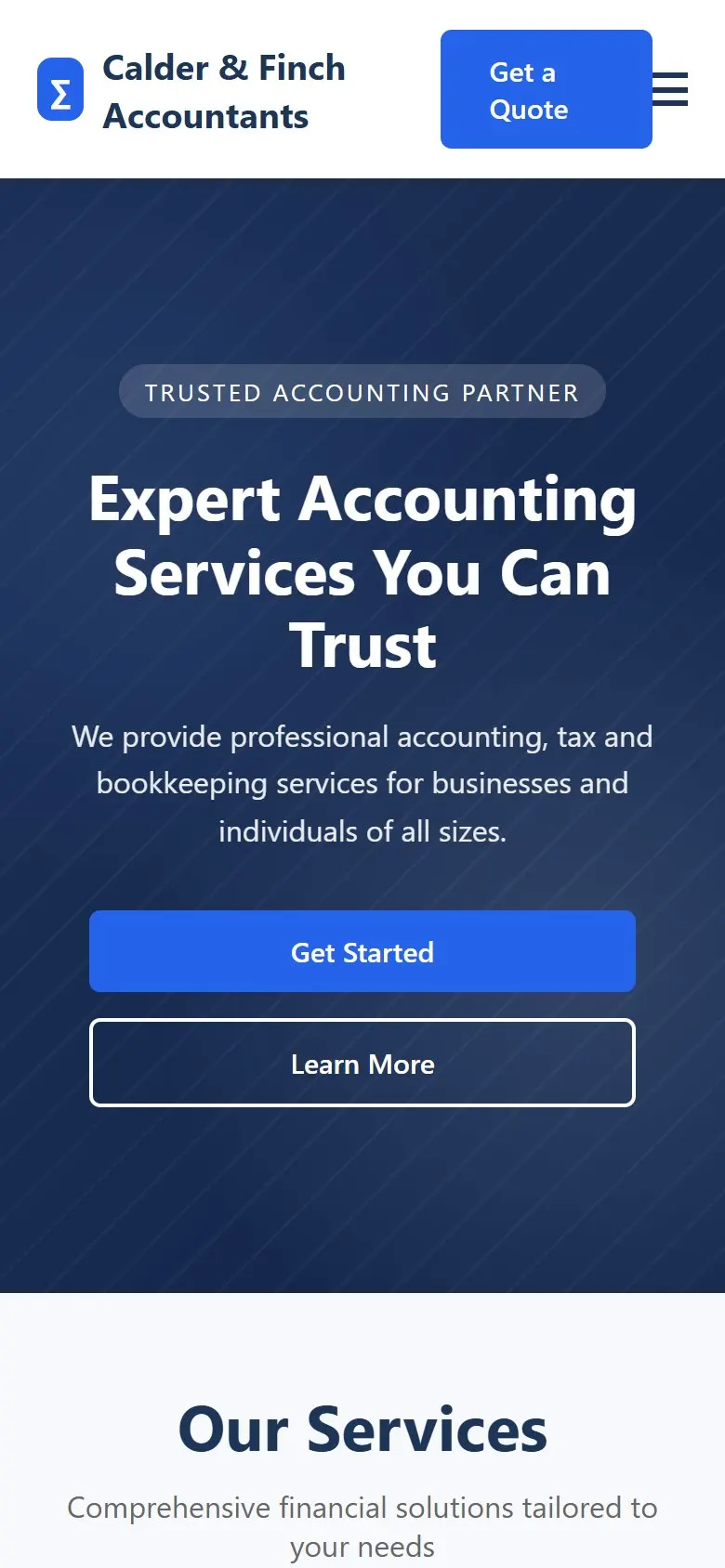 The firm's template website: a stock blue banner, a centred headline and three service cards.